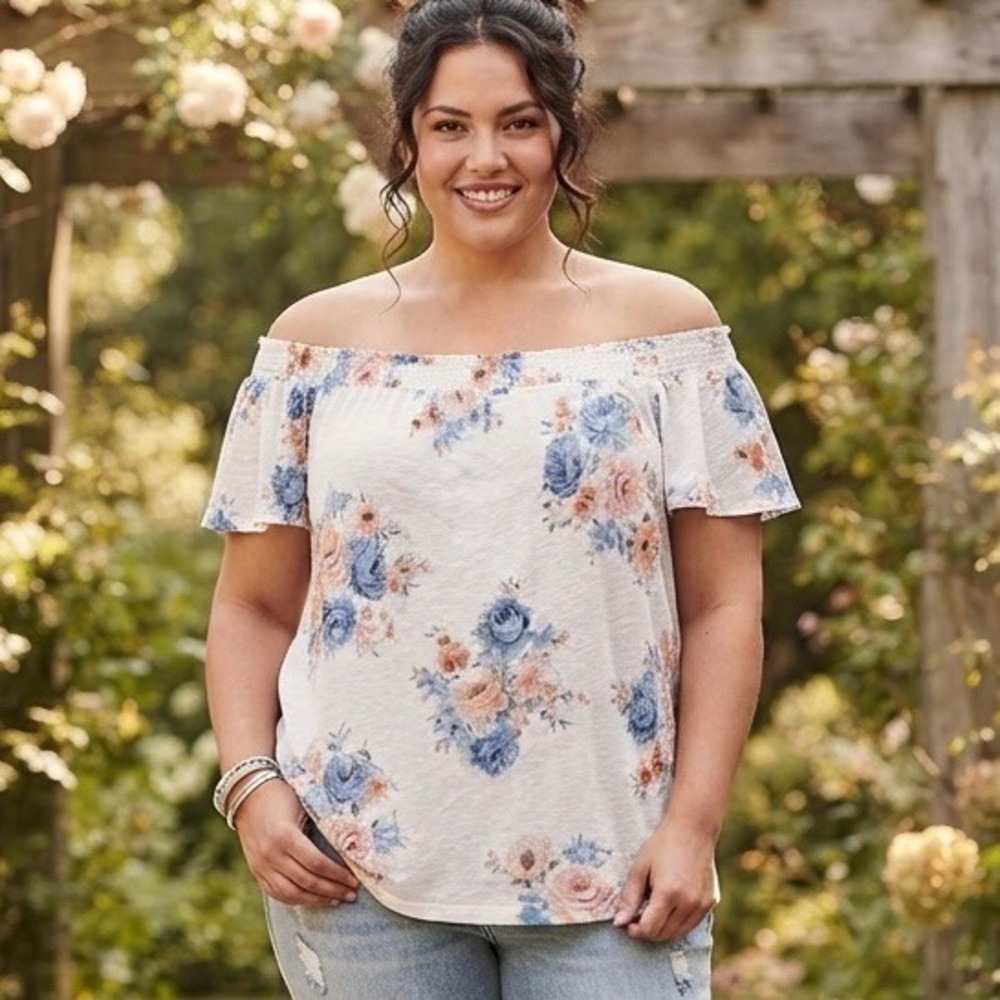 LOFT Womens Large 100% Linen Floral Off The Shoulder Smocked Blouse Cream Blue